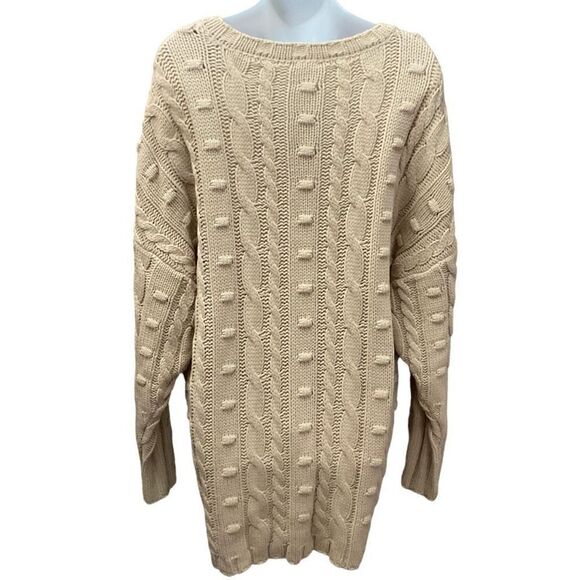 AFRM Sweater Tunic Chunky Cable Knit V Neck Tan Sand Boston Long Oversized XS/S - Picture 2 of 10
